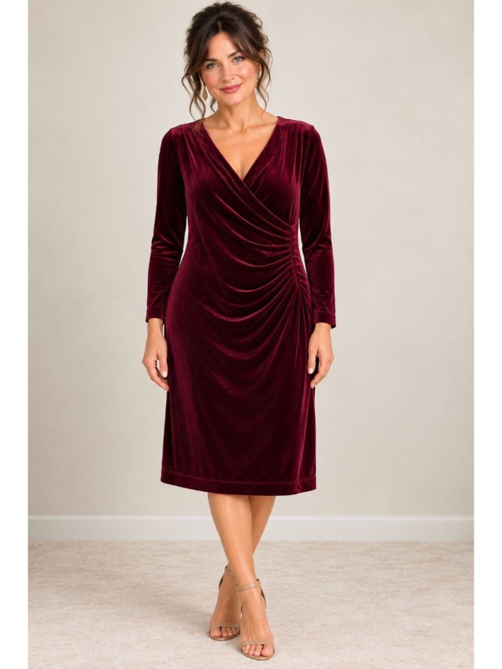 Soft Surroundings Women's Burgundy Velvet Faux Wrap Long Sleeve Dress Size XL
